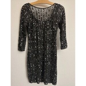 Aidan Mattox Black Sequin Sheer Back Midi Dress Party Cocktail Formal‎ Size 2